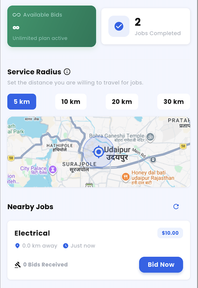 Gadzira mobile app provider bidding dashboard interface